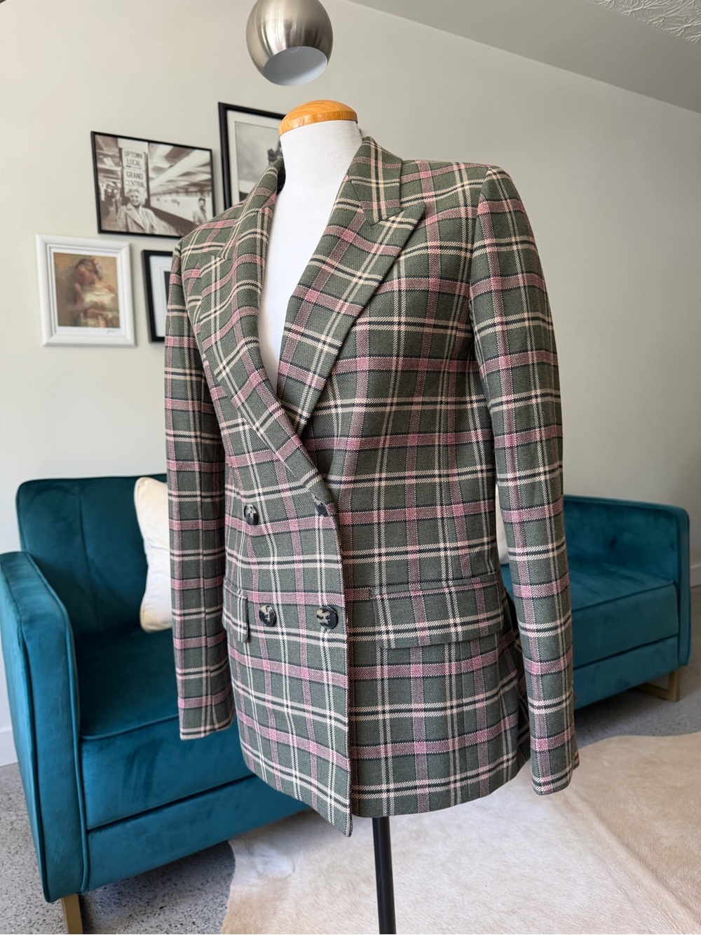 Wilfred Olive & Pink Plaid Double-Breasted Blazer